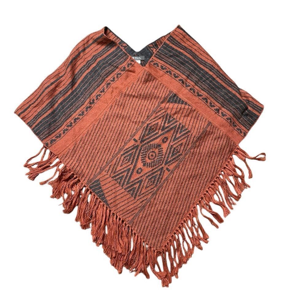 Rust Orange Patterned Fringe Poncho Cape
